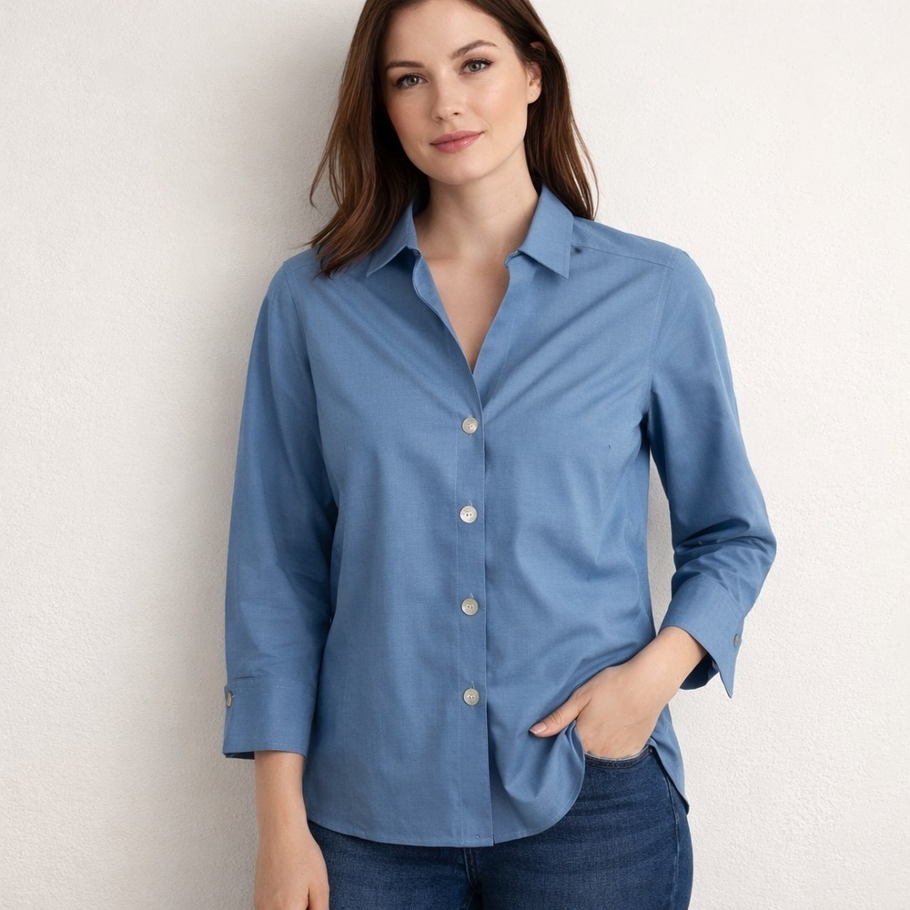 Foxcroft NYC Women's 10 Blue Mary Essential Stretch No Iron Shirt 3/4 Sleeve